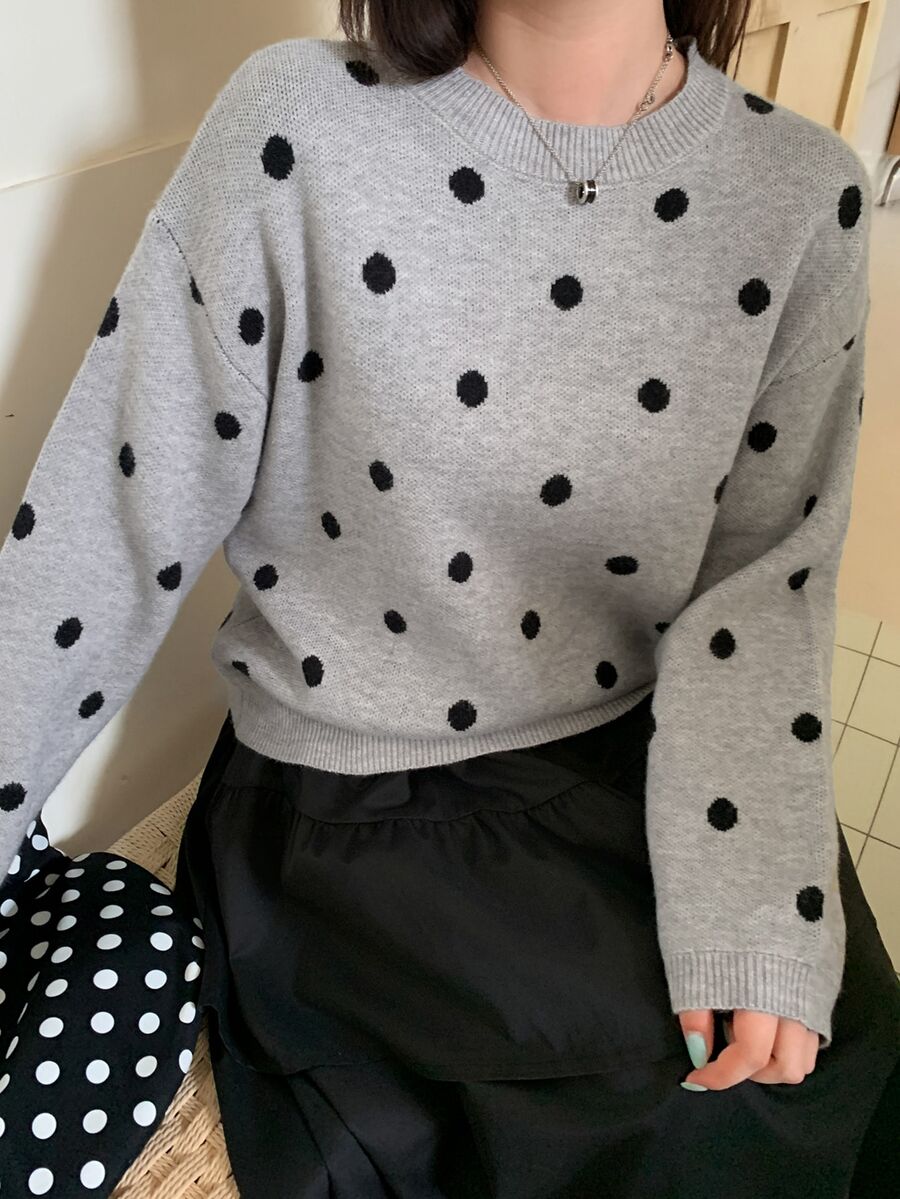 Dazy Plus Sweater Rajut Pullover Motif Polkadot Jacquard Kasual Longgar, Musim Gugur/Dingin - Grey - View 1