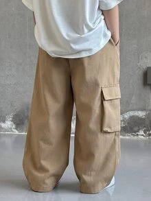 1件男童休閒運動可愛日常舒適街頭風百搭印花直筒長褲，適合外出、上學、日常聚會，春秋夏冬四季適用，開學季秋季款 - 卡其色 - 查看 2