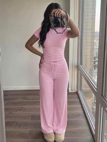 SHEIN 青少年女孩皇家藍純色針織短袖T恤與抽繩長褲套裝 - 粉色 - 查看 1