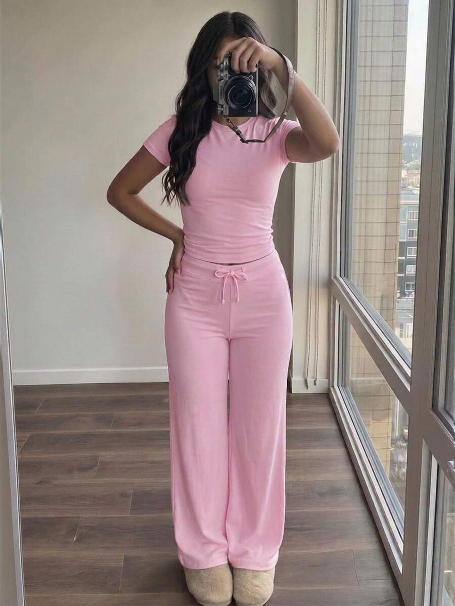 SHEIN 青少年女孩皇家藍純色針織短袖T恤與抽繩長褲套裝 - 粉色 - 查看 1