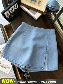 Franclia Plus Size Women Light Blue Faux Denim A-Line Split Skort, High Waist Anti-Exposure 2 In 1 Skirt - Blue - View 1
