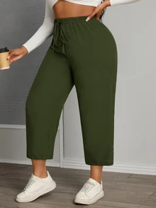 SHEIN PETITE CURVE 女款大尺碼純色抽繩腰休閒百搭日常穿著長褲 - 軍綠色 - 查看 5