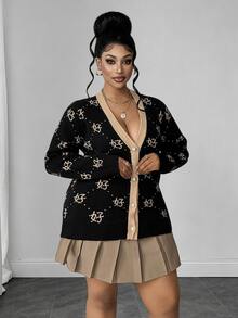 Maweii كارديجان محبوك بأكمام طويلة وفتحة صدر واحدة مطبوع عليه أحرف صينية للنساء بمقاس كبير للشتاء - الأسود - مشاهدة 4