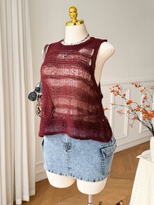 Comfortcana Plus Size Women's Solid Color Casual Versatile Everyday Knit Top - Red - View 4