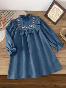 SHEIN Young Girl Woven Solid Color Floral Pattern Ruffle Hem Casual Dress - Blue - View 7