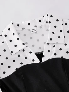 Casuvi Kids Tween Girls Chic Cute Elegant White And Black Polka Dot Blouse, Warm Contrast Colorblock Lapel Neck Pullover Shirt School Autumn - White - View 6
