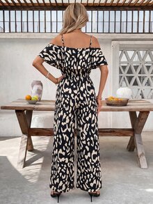 SHEIN Clasi 女款豹紋露肩時尚寬腿連身褲，適合度假 - 黑與白 - 查看 2
