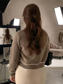 Dazy Plus Colorblock Patchwork Korean Style Loose Knit Cardigan Sweater, Autumn/Winter - Brown - View 2