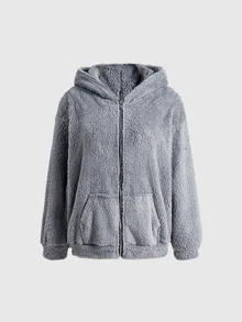 ROMWE Jaket Wanita Regular Motif Tikus Lucu Dua Sisi Bahan Bulu Domba Gaya Punk Jalanan Unik - Dark Grey - View 5