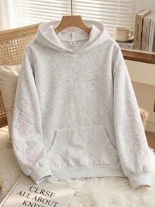 SHEIN 青少年女孩淺灰色針織粉色字母刺繡秋季運動休閒衛衣 Y2K 灰色運動風衛衣 - 淺灰色 - 查看 12