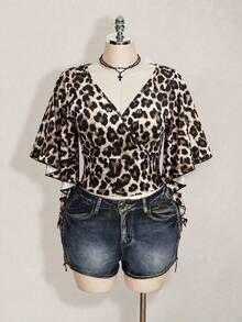SHEIN ICON Plus Size Women's Leopard Print Ruffle Sleeve Fashion T-Shirt - Multicolor - View 3
