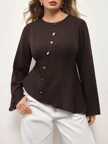 Maija Plus Size Women's Button Design Round Neck Flared Sleeve Fashion Blouse - Brown - View 7