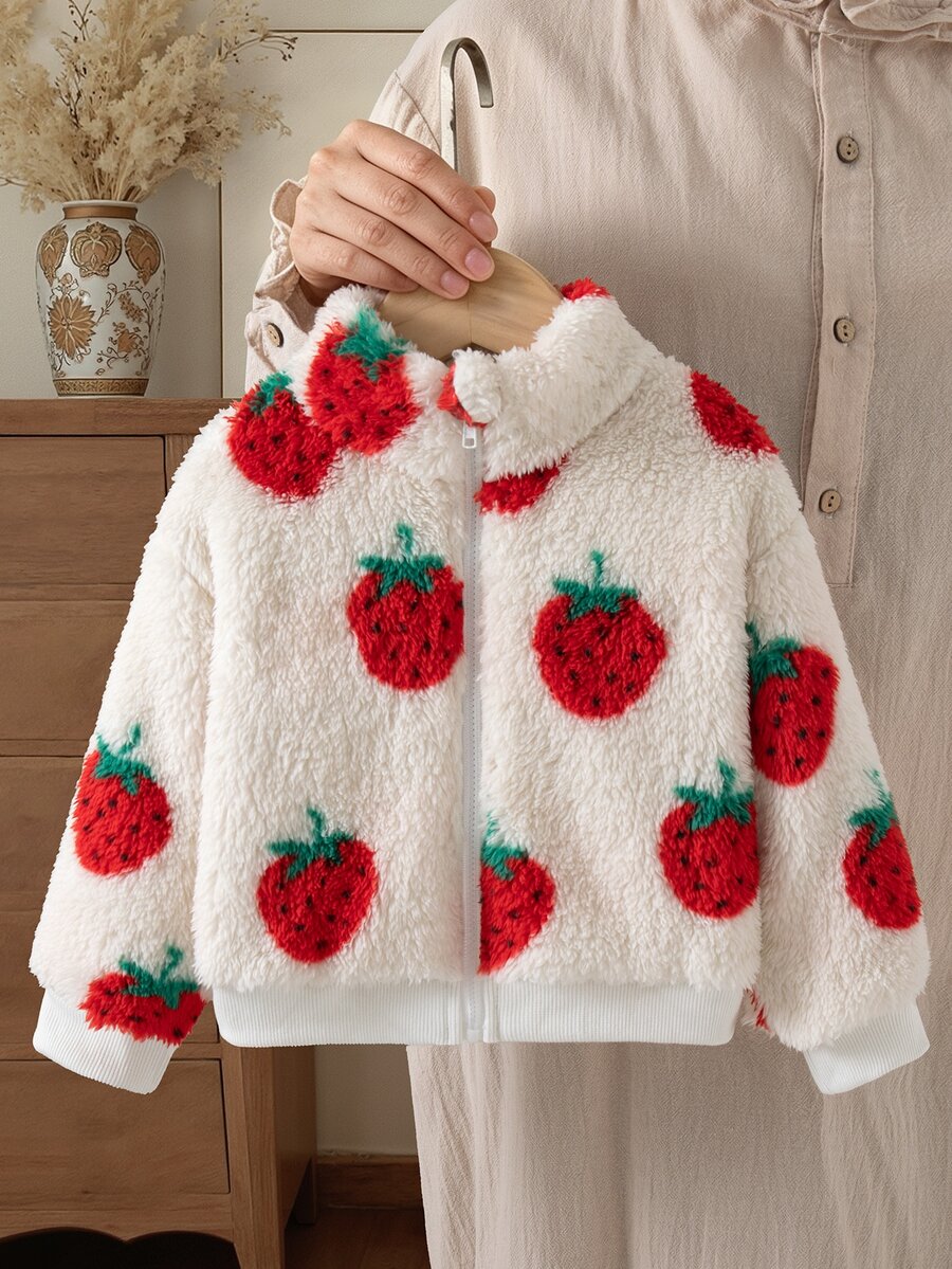 Baby Girl Cute Strawberry Print Teddy Fleece Zip Up Stand Collar Long Sleeve Warm Jacket, Toddler Casual Fall Winter Outerwear - White - View 1