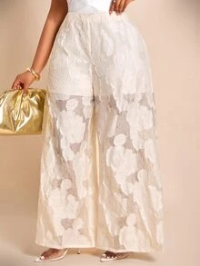 Brilight 3D Floral High Waist Through Textured Flowy Trousers For Vacation Beach Garden Party Brunch Wedding Guest Outfit White Floral Summer Elegant - Apricot - View 7