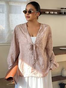 Dazy Plus Commuter Summer Autumn V-Neck Tie-Up Embroidered Fabric Pink Loose Regular Fit Jacket - Pink - View 5