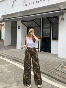 DAZY 女款豹紋印花口袋鈕扣休閒日常寬腿牛仔褲 - 淡黃色 - 查看 4