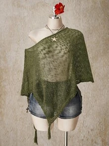 SHEIN ICON 女款大尺碼不對稱下擺流蘇設計寬鬆針織上衣 - 軍綠色 - 查看 1