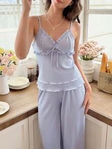 Snug Reverie Wood Ear Trim Camisole V-Neck Tie-Front Sexy Cute Modest Style Women's Loungewear Set Lounge Prom Light Blue Summer - Blue - View 4