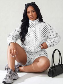 Solavibe Plus Size Women Polka Dot Long Sleeve Jacket And Shorts Casual 2 Pieces Set - Apricot - View 1