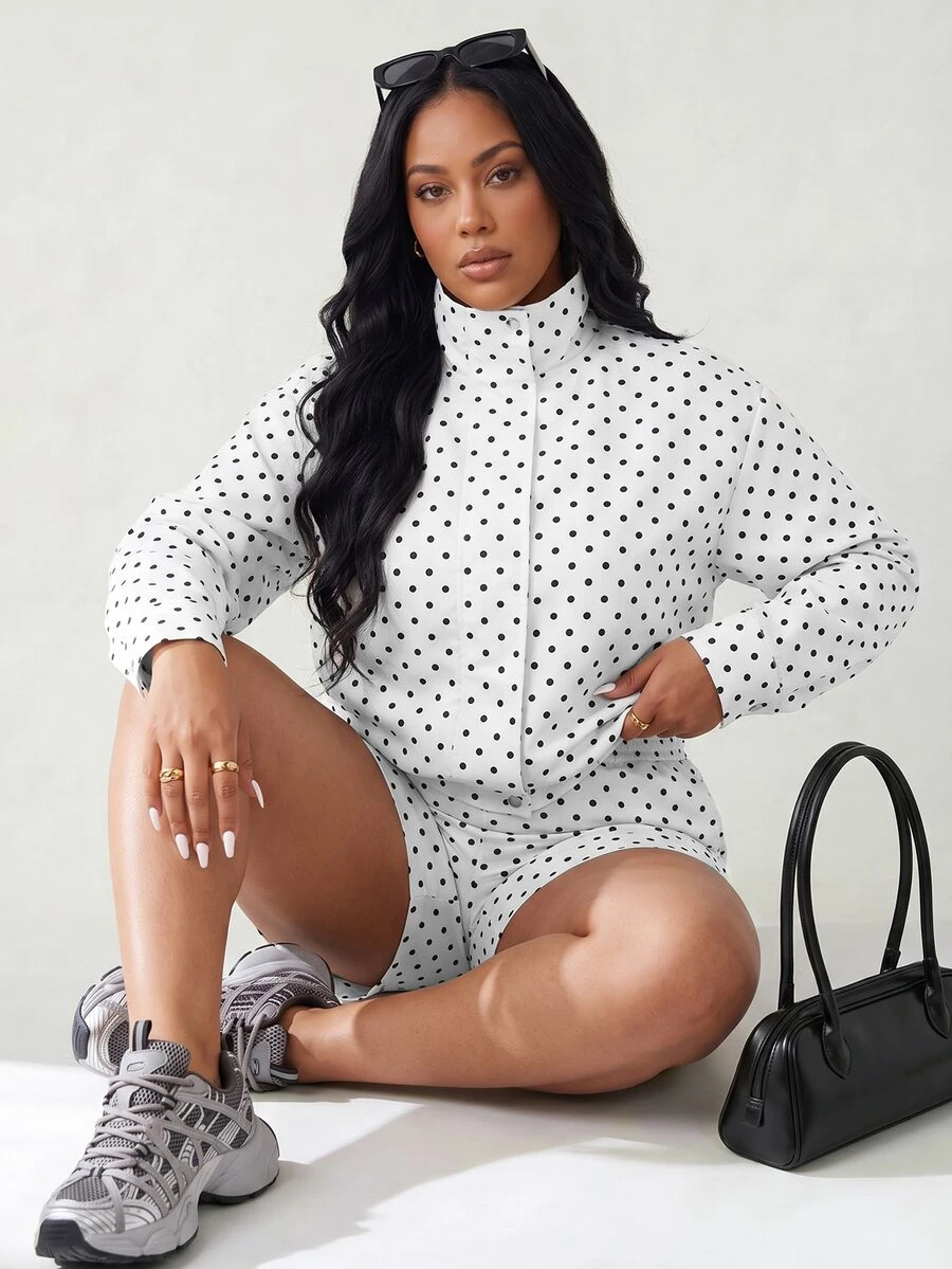 Solavibe Plus Size Women Polka Dot Long Sleeve Jacket And Shorts Casual 2 Pieces Set - Apricot - View 1