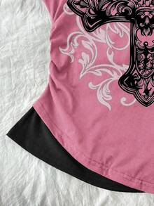 Attitoon 女款 2 合 1 掛脖修身 T 恤，休閒極簡復古龐克 Y2K 百搭派對穿搭，十字圖案做舊印花，音樂節穿搭，哥德風穿搭，女款夏季穿搭 - 彩色 - 查看 5