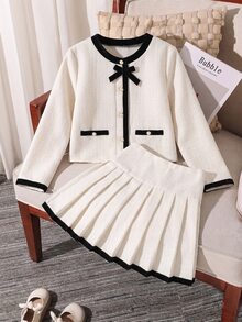 SHEIN 少女女孩粗花呢兩件式裙裝套裝：優雅對比飾邊短版夾克配蝴蝶結細節與高腰百褶迷你裙套裝 - 白色 - 查看 4