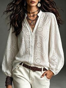 Trelyra Women's Fashion Casual Hollow Embroidery Long Sleeve Blouse - White - View 1