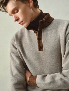 RONVEXI Men's Solid Color Thermal Lined Button Front Knit Pullover Sweater - Beige - View 7
