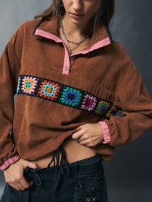 Bohemela كنزة نسائية كاجوال منسوجة بتصميم رقعات - بني - مشاهدة 1
