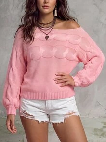 SHEIN LUNE CURVE Cherry Blossom Pink Soft Matte Hollow Cable Knit Cold Shoulder Slouchy Pullover Sweater Plus Size Autumn Date Night Formal Casual Elegant - Pink - View 6