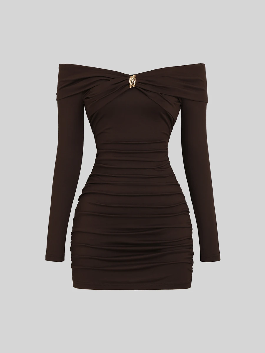 Sweetra Women's Off-Shoulder Long Sleeve Fitted Bodycon Mini Dress With Metal Buckle Decor - Coffee Brown - View 1