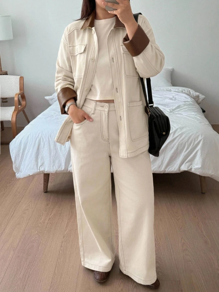 Dazy Plus Contrast Color Patchwork Pocket Decor Loose Denim Jacket And Straight Leg Pants Casual Denim Set - Apricot - View 1