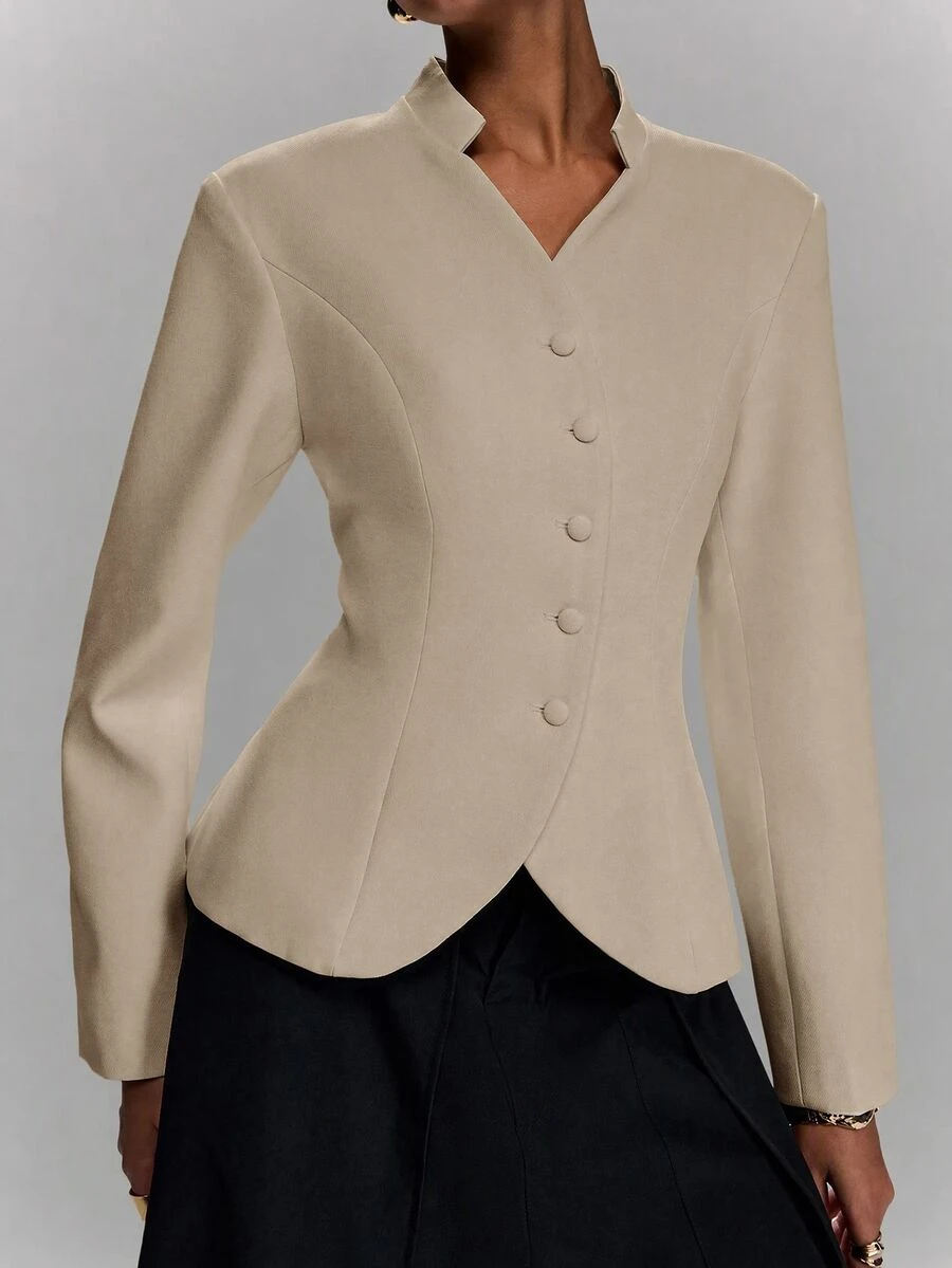 LYSMO Women's Solid Color Long Sleeve Single-Breasted Casual Blazer - Khaki - View 1
