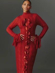 NYA SZN Knit Dress Maxi Lace Up Ribbon Fringe Long Sleeve Cable Mock Neck Going Out Special Occasion Elegant Holiday Festival Church Work Chic Fall Winter - Coral Pink - View 6