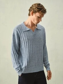 RONVEXI Men's Spring/Summer New Polo Collar Floral Print Versatile Long Sleeve Half-Button Pullover - Dusty Blue - View 3