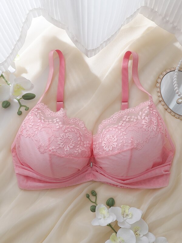 DelicateAllure Pink Underwire Molded Cup Comfy Balconette Push-Up Bra, High Support, High Coverage, Mesh & Lace Patchwork, Rhinestone Decor, Shiny, Pure & Romantic, Plus Size