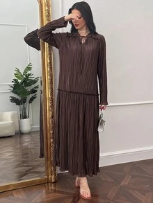 Yasmyna Women's Solid Color Ruffle Tie Neck Long Sleeve Elegant Arabian Dress - Brown - View 5