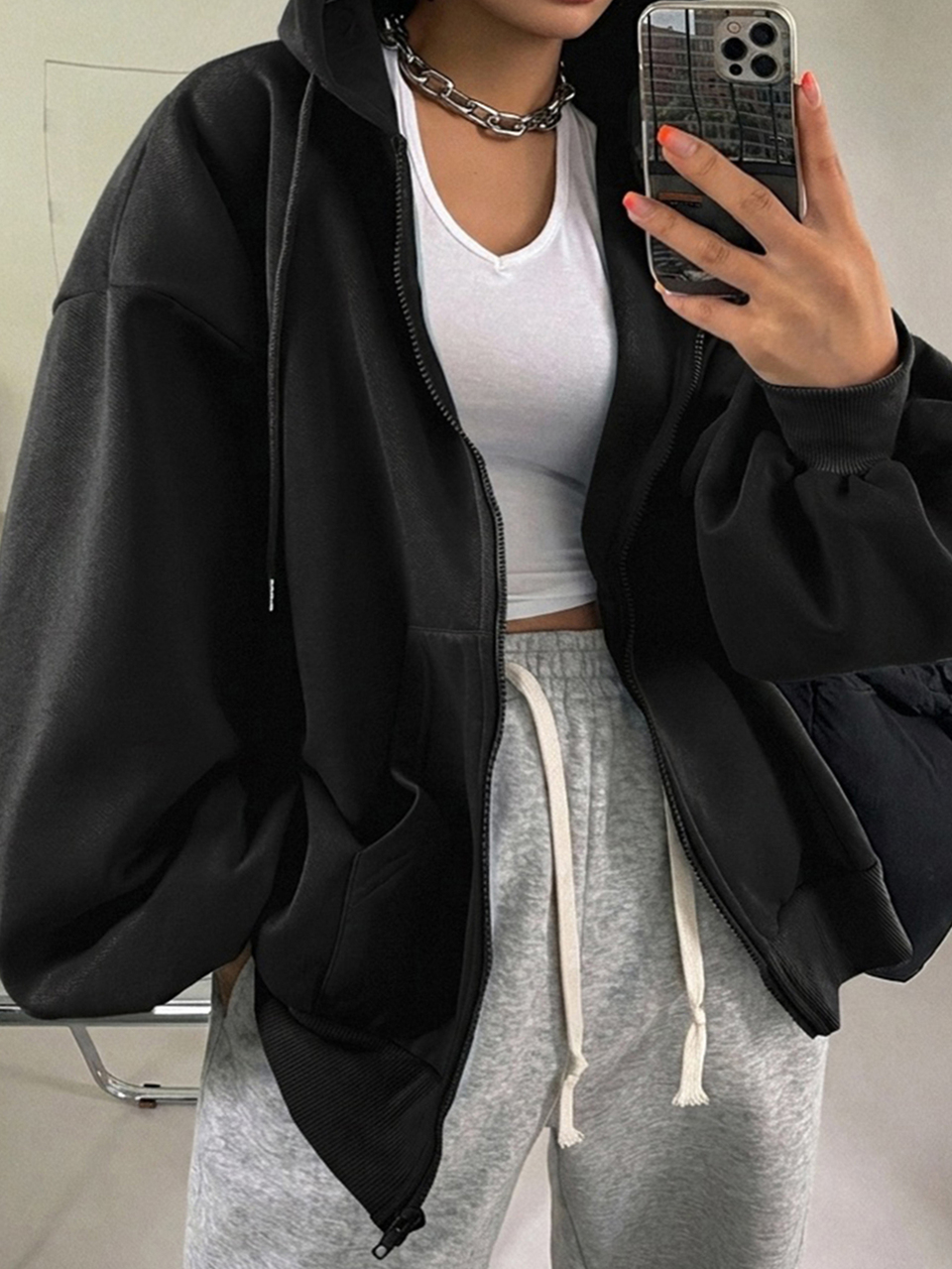 Dazy Plus Solid Color Street Casual Zip-Up Hooded Blogger Style Spring/Autumn New Black Sweatshirt