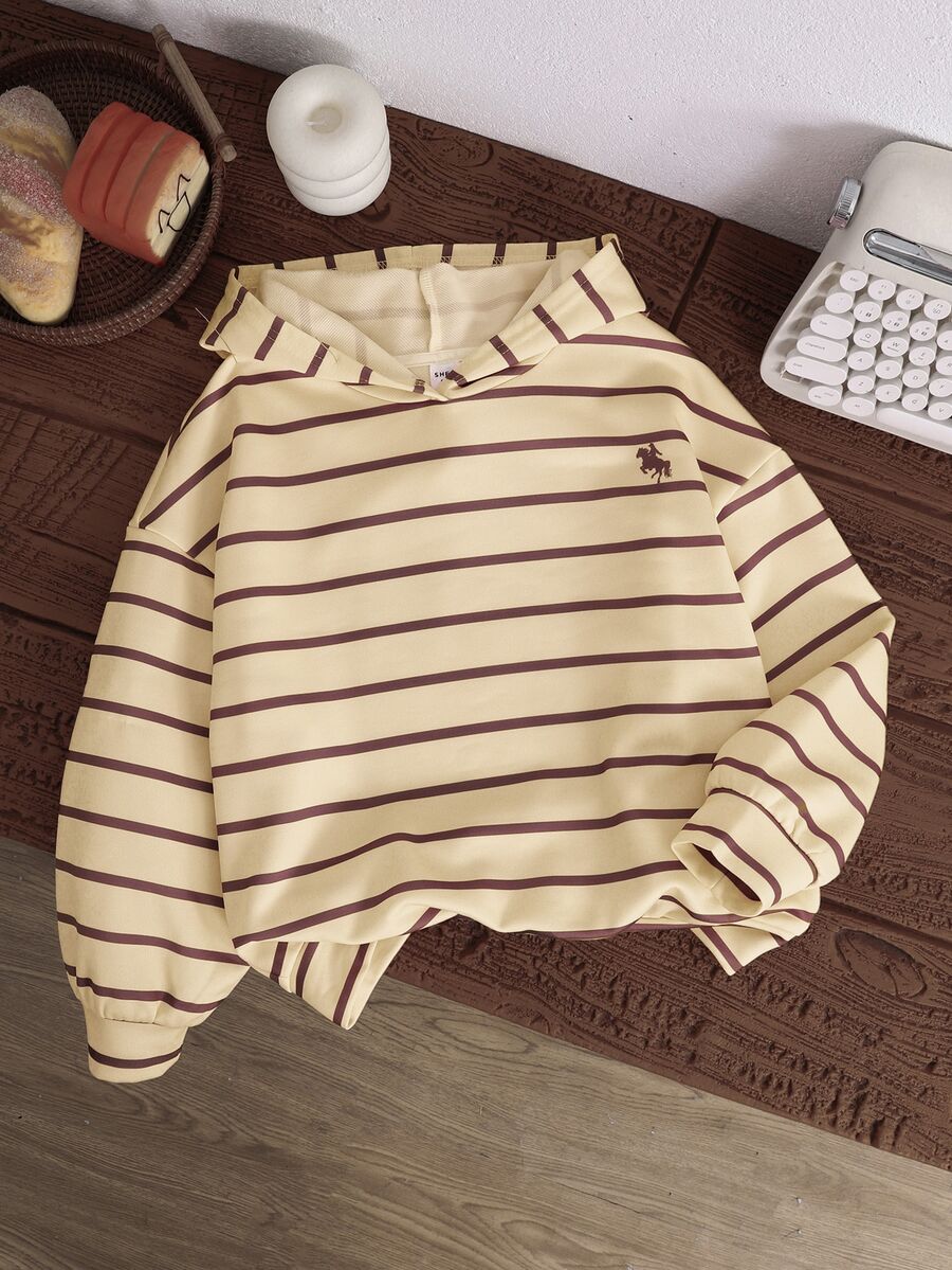 SHEIN 青少年女孩秋冬新款粉色與棕色條紋寬鬆衛衣 - 黃色 - 查看 1