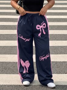 Muchica Plus Size Women's Pink Bow Navy Blue Side Stripe Long Pants - Navy Blue - View 6