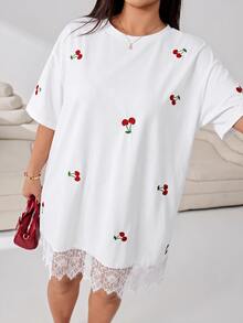 Solflare White Lace Patchwork Cherry Embroidery Plus Size Dress - White - View 4