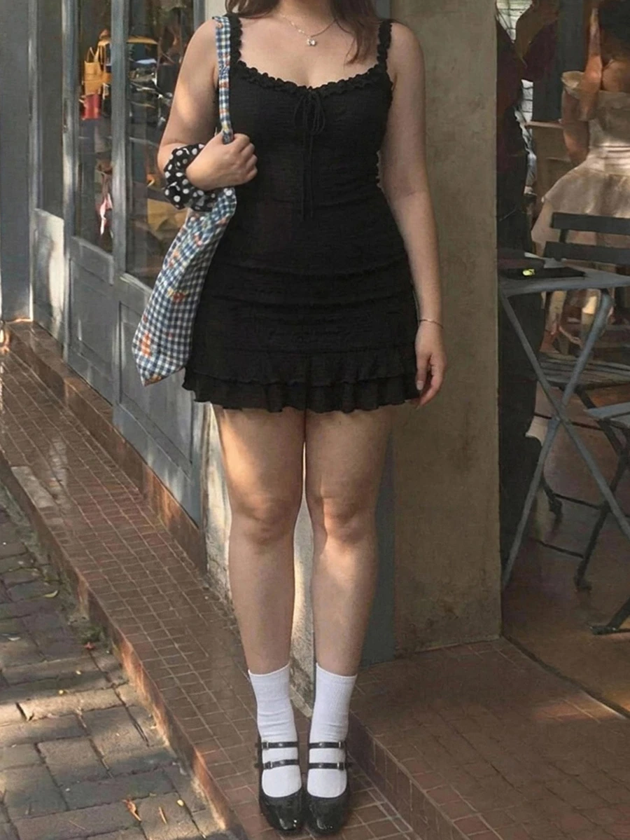 Dazy Plus Elastic Fitted Korean Style Ruffle Trim Vacation Short Dress - Black - View 1