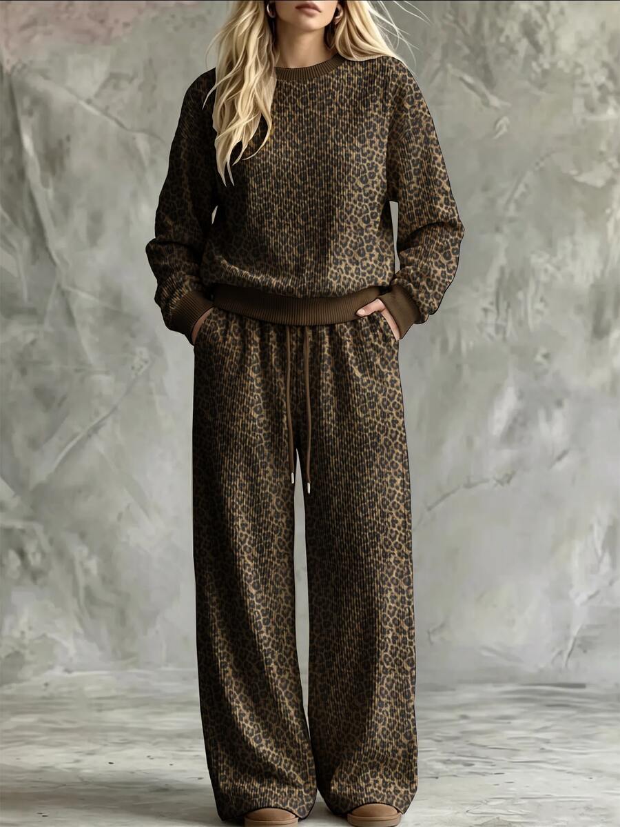 Trelyra Leopard Print Digital Printed Fashion Minimalist Women's Crew Neck Sweatshirt 2-Piece Set, Gift For Friends - Khaki - View 1