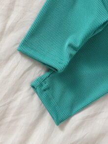 SHEIN 新生女嬰休閒甜美3D花朵衛衣與羅紋長褲套裝 - 綠色 - 查看 4