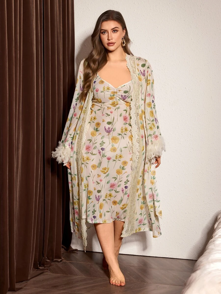 Slumberist Plus Size Women's Floral Robe 2-Piece Set, Feather Cuff Lace Trim Outer Robe + V-Neck Spaghetti Strap Nightgown, Tie Waist Long Loungewear Pajama Set - Apricot - View 1