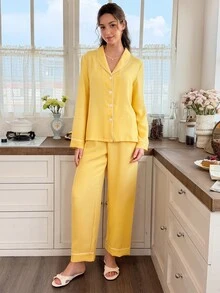 Snug Reverie Solid Color Green Collar Trim Long Sleeve Pants 2 Pieces Set Loungewear Pajamas - Yellow - View 4
