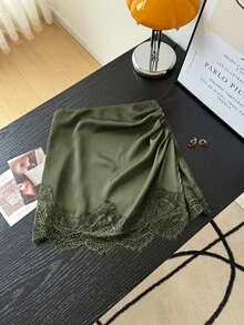 Muvela 女款素色對比蕾絲百褶優雅裙 - 綠色 - 查看 3