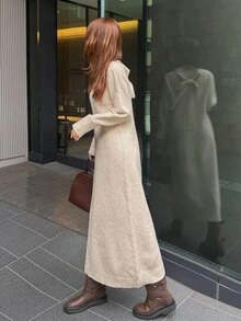 FRIFUL Women's Solid Color High Neck Long Sleeve Casual Knit Dress - Apricot - View 4