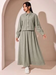 Veilorie Women's Solid Color Long Sleeve Single-Breasted Top And Sleeveless Dress Casual 2-Piece Set - Green - View 6