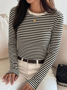 DAZY 女款條紋短袖T恤，夏季百搭寬鬆圓領套頭上衣，適合秋季 - 黑色 - 查看 3